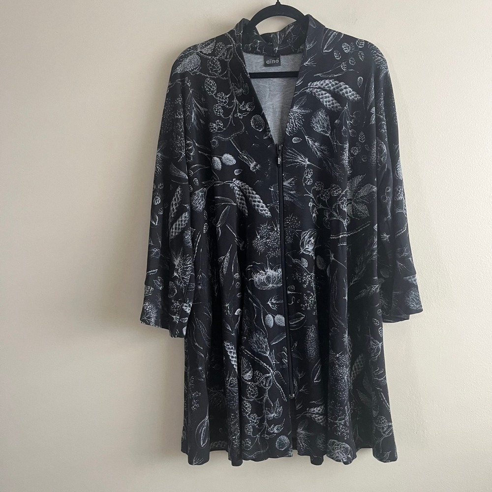 Aino Finland Designer Black White‎ Botanical Print Zip Swing Jacket Lagenlook L